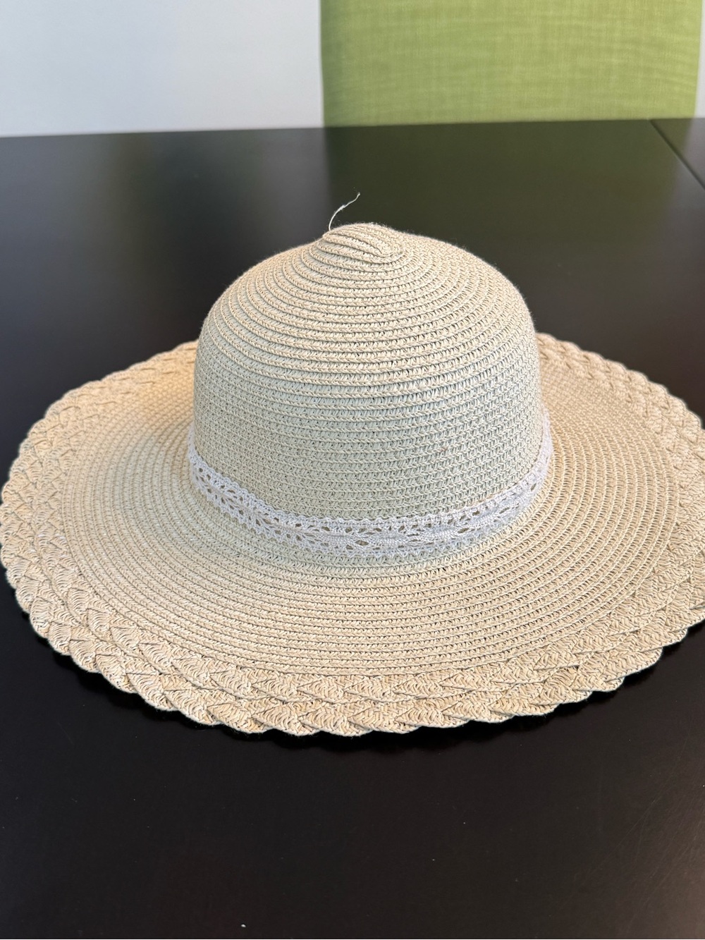 Beige Crochet Wide Brim Sun Hat with Lace Trim